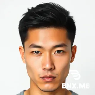Front-facing portrait of a male aged 25-30. Subtle Asian admixture (non-dominant). Narrow to medium forehead. Slightly prominent cheekbones. Chin is very soft, almost unremarkable, lower face contour is rounded. Cheeks slightly fuller than average. Slightly aggressive eye expression: eyes narrowed, brows slightly furrowed, lower eyelids tense. Upper part of the head (above the temple level) is slightly more rounded and voluminous than average. Hairstyle: undercut disconnected, uniform hair length of 1 cm (very short, almost buzz cut). Neutral background, even lighting, photorealistic. No beard, no mustache, no glasses
