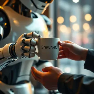 A cinematic, hyper-detailed poster of a futuristic robot barista handing a steaming ceramic cup of coffee to a human customer — extreme close-up on both sets of hands and fingers, showing mechanical articulation and soft, realistic human skin. The robot has a small logo on its chest that reads “BrewNet” in clean sans-serif, warm cinematic rim lighting, shallow depth of field, 8k detail, photorealistic, subtle film grain. Emphasize realistic fingers and correct anatomy, no extra or missing digits, no floating limbs. Include a faint cityscape bokeh in the background.
