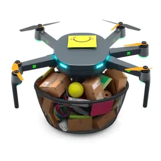Concept art of a delivery drone modeled after an Amazon drone. Hexacopter design with dark gray body and neon green accents. The drone has a large, expandable mesh cargo pod underneath, overflowing with random junk: cardboard boxes, tangled wires, a tennis ball, crumpled papers, and an old toy. On top of the drone's main body is a bright yellow sticky note with a hand-drawn black smiley face :) . The drone has two glowing cyan LED eyes that look friendly, with small pink blush marks on the front. Rotor tips are bright orange. Soft green underglow lighting. Style: clean industrial design, slightly rounded edges, friendly sci-fi, 3D render look, white background, isometric angle, front-facing view.