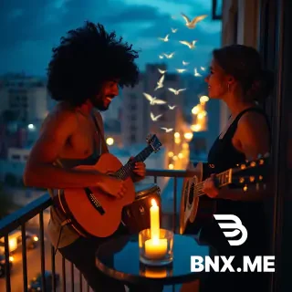 8h  an intimate night-time scene of a curly hair human playing bongoes on a small balcony in a Latin American city, soft warm streetlights below, a guitar resting beside her, There is another woman at the balcony, listening, one person looking at the other with a tender, calm smile, the other looking out at the sky as if feeling free, subtle transparent a candle on the table between them slowly dissolving into small glowing birds flying upward, symbolizing "tactic and strategy" turning into freedom, warm golden and deep blue color palette, cinematic soft focus, gentle bokeh lights, poetic, romantic, minimalist composition, 4k, ultra detailed, concept art