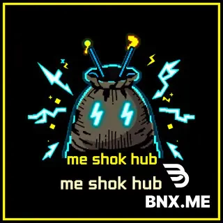 Pixel art logo of "me shok hub", a stylized burlap sack with two glowing lightning-bolt eyes, two small antenna sticks sticking out from the top, surrounded by electric sparks and zigzag arcs, on a pure black background, retro 8-bit game aesthetic, neon cyan and yellow colors, sharp pixel edges, square frame 1:1, bold pixelated text "me shok hub" placed neatly below the sack, high contrast, no gradients, clean blocky pixels, nostalgic arcade style --ar 1:1