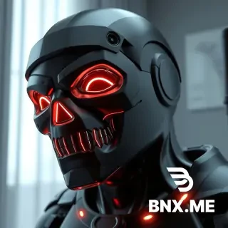 3D-персонаж, темное металлическое черное тело, покрытое светящимися голубыми неоновыми линиями, на чистом черном фоне