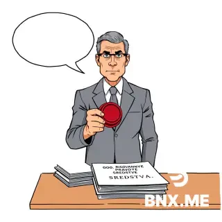 Colorful european comic book style, ligne claire, clear black ink outlines, flat colors, no shading. A wooden table with a stack of white legal documents. A middle-aged man in a plain gray suit stands behind the table, holding a round red corporate stamp in his hand. The man has a neutral, emotionless face. On the table, the top document reads "OOO RISOVANNYE PRAVOVYE SREDSTVA". Above the man's head: an empty white speech bubble with thick black outline, completely empty inside, no text. No other people. Background light gray. Flat colors.