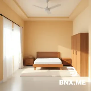 Create a realistic 3D Create a realistic 3D interior rendering of a bedroom in Bangladesh. The room has four walls. Three walls are painted in Sand Stone color (Berger Robbialac Acrylic Premium Emulsion, code 2T0603) – a soft, warm beige. The fourth wall, which is the wall behind the bed, is painted in Light Coffee color (Asian Paints code 0470) – a warm, medium brown.  Layout details: The bed is placed in one corner of the room, against the Light Coffee wall. Two windows are present – one on the left Sand Stone wall and one on the front Sand Stone wall. Both windows have light beige or off-white curtains (price 2,500 BDT type). On the floor, there is a soft rug/carpet (2,000 BDT).  Furniture and items (as per list): - Bed (corner placement, against Light Coffee wall) with a 6x5 ft mattress (7,500 BDT mattress visible) - Two bedside tables (3,000 BDT total), one on each side of the bed - A wooden wardrobe (92,000 BDT type) placed on the opposite side of the room - An ironing table with a small footstool (6,500 BDT) near the wardrobe - A full-length wall mirror (9,500 BDT) attached to one of the Sand Stone walls - A low-height TV cabinet (4,000 BDT) with a 33-inch matte TV (25,000 BDT) on it - Ceiling: one round or square LED ceiling panel light (2,000 BDT) + LED strip lights (9,800 BDT) along ceiling edges for indirect lighting - A high-speed ceiling fan (2,200 BDT) in the center of the ceiling - A wall shelf (9,000 BDT) with a few decorative items (books, small plant) - Three pieces of wall art / frames (9,000 BDT total) arranged on one of the Sand Stone walls  Colors & finishes: All furniture is in medium wood tone (like honey teak or walnut) or white – choose natural wood look. Bedding is light cream or white. The overall mood is warm, cozy, modern, and well-organized. Natural daylight from two windows, soft shadows. High resolution, photorealistic, 4K. rendering of a bedroom in Bangladesh. The room has four walls. Three walls are painted in Sand Stone color (Berger Robbialac Acrylic Premium Emulsion, code 2T0603) – a soft, warm beige. The fourth wall, which is the wall behind the bed, is painted in Light Coffee color (Asian Paints code 0470) – a warm, medium brown.  Layout details: The bed is placed in one corner of the room, against the Light Coffee wall. Two windows are present – one on the left Sand Stone wall and one on the front Sand Stone wall. Both windows have light beige or off-white curtains (price 2,500 BDT type). On the floor, there is a soft rug/carpet (2,000 BDT).  Furniture and items (as per list): - Bed (corner placement, against Light Coffee wall) with a 6x5 ft mattress (7,500 BDT mattress visible) - Two bedside tables (3,000 BDT total), one on each side of the bed - A wooden wardrobe (92,000 BDT type) placed on the opposite side of the room - An ironing table with a small footstool (6,500 BDT) near the wardrobe - A full-length wall mirror (9,500 BDT) attached to one of the Sand Stone walls - A low-height TV cabinet (4,000 BDT) with a 33-inch matte TV (25,000 BDT) on it - Ceiling: one round or square LED ceiling panel light (2,000 BDT) + LED strip lights (9,800 BDT) along ceiling edges for indirect lighting - A high-speed ceiling fan (2,200 BDT) in the center of the ceiling - A wall shelf (9,000 BDT) with a few decorative items (books, small plant) - Three pieces of wall art / frames (9,000 BDT total) arranged on one of the Sand Stone walls  Colors & finishes: All furniture is in medium wood tone (like honey teak or walnut) or white – choose natural wood look. Bedding is light cream or white. The overall mood is warm, cozy, modern, and well-organized. Natural daylight from two windows, soft shadows. High resolution, photorealistic, 4K.