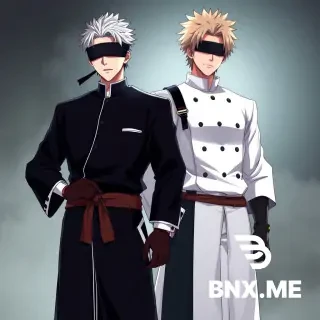Satoru Gojo from Jujutsu Kaisen wearing Aizen Sosuke's white captain haori and black uniform from Bleach, with Aizen's brown sash and gloves, Gojo's white hair and blindfold not removed, hiding his six eyes, standing confidently, anime style, detailed clothing swap, dynamic pose, high quality, full body, vibrant colors, manga aesthetic, epic atmosphere. Aizen Sosuke from Bleach wearing Satoru Gojo's black high-collared uniform and blindfold, with Aizen's brown hair styled like himself smirking confidently, anime art style, outfit swap, detailed shading, full body portrait, cinematic lighting, 4k quality, fan art style.Satoru Gojo and Aizen Sosuke standing next to next, Gojo wearing Aizen's white captain coat, Aizen wearing Gojo's black blindfold uniform, both anime characters, outfit exchange, epic battle-freindly pose, vibrant anime colors, aizensglasses on his eyes