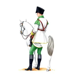 Historical military illustration of a horseman soldier of 18 century, side profile facing left. He is wearing a tall black Flugelmutze hat. He has a white polish style tunic with light green cuffs, collar, lapel, short sleeves with light green piping, without epaulettes. He wears knee-length green trousers and black boots and spurs. He is holding a sword with a brass hilt, with the scabbard sloping behind him. The art style is a detailed watercolor and ink drawing on a white background with delicate shading and a hand-drawn aesthetic.