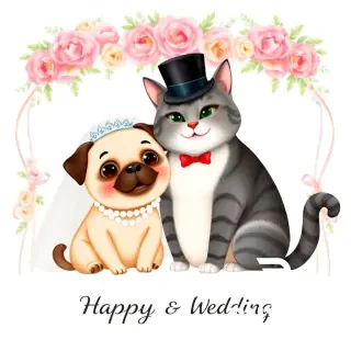 A cute square wedding invitation card illustration, a Disney-style pug dog wearing a delicate white bridal veil and pearl necklace, sitting affectionately next to a Disney-style gray tabby cat with black stripes, a dark gray-black back, and a pure white belly, the cat wearing a classic black top hat and a red bow tie, both animals smiling happily, elegant floral wedding arch in the background, soft pastel colors, watercolor texture, vintage storybook illustration, 2D animation style, highly detailed, charming, romantic atmosphere, white empty space at the bottom for text, 1:1 aspect ratio.