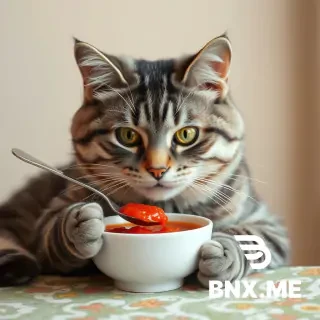 Grey Cat with stripes eat red borshch with spoon in one hand