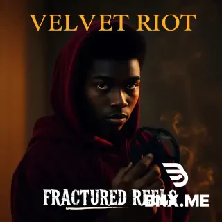 "Cinematic poster. A striking black teenager with dark skin, intense eyes, dramatic shadow on face, wearing a velvet burgundy hoodie. Standing in dim room with gold rim light. Holding a vintage film reel. Deep charcoal background. Gold smoke swirls. Moody, aesthetic, emotional. Text 'VELVET RIOT' in elegant gold serif font at top. Text 'FRACTURED REELS' in rough white grunge font underneath. 16:9 ratio. High detail, cinematic lighting, film grain."