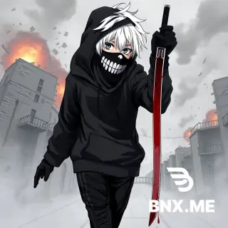 A highly detailed anime-style illustration of a boy with white hair, wearing a black hoodie (hood down, not on his head), black pants, black sneakers, and black gloves. He has a black cloth mask with white skeleton teeth painted on it. In his right hand, he holds a samurai sword dripping with blood. The background shows an exploded building. Extremely high detail, anime art style.