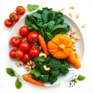 colorful plate with red (tomatoes, peppers), green (spinach, broccoli), orange (carrot, pumpkin), seeds, cashews, the plate should be with the above vegetables on an immaculate white background