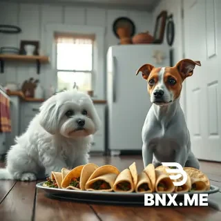 Photorealistic 1880s farmhouse kitchen, white fluffy Maltese and white Jack Russell with brown ears and brown eye patches, both sitting on floor looking at platter of folded tacos. No humans, realistic dogs
