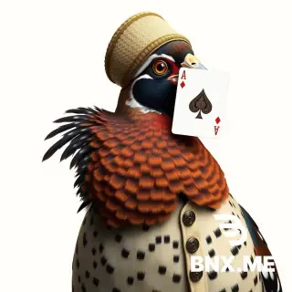 a partridge with a bonnet and a waistcoat with a playing card, an ace of diamonds, in its beak