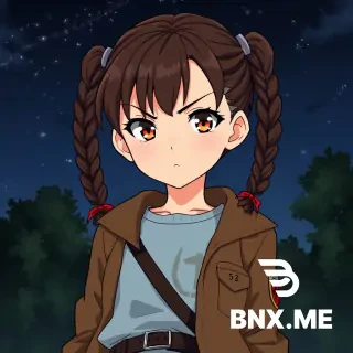A young girl (shingeki no kyojin artstyle) with light skin and slim build, two dark brown braids with slight cherry shade, amber eyes, thigh strap, belt, uniform, survey corps (emblem), light blue T-shirt underneath a brown jacket, background of the night sky, trees, stern, determined look