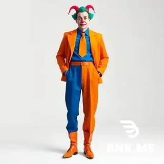 A full-body portrait of a person wearing a whimsical clown costume. The costume consists of: baggy blue jodhpur pants that are wide at the hips and tight at the calves, a blue dress shirt, a bright orange necktie, an orange jacket with extremely wide and exaggerated shoulder pads, and orange Cossack-style leather boots with pointed toes. The person is standing in a confident pose against a simple studio background. Vibrant circus colors, soft diffused lighting, high detail on fabric textures. Realistic digital art style, 8k resolution.