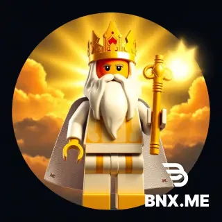 A circular icon for a Lego YouTube channel, square format 1:1. A powerful Lego god figure with a golden crown and a long white beard, holding a glowing magical staff made of Lego bricks. The god is wearing white and gold robes. Behind him is a bright sky with golden clouds and rays of light coming from his body. The background is a dark blue sky. The god is looking forward with a wise and powerful expression. Lego stop-motion style. Epic, majestic, and clean composition. Bright golden and blue colors, 4k quality.