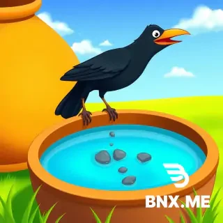 A thirsty black crow standing on the edge of a large brown clay pot, dropping small gray pebbles into the pot. The pot has a little bit of blue water inside. Bright sunny day, green grass background, blue sky with white clouds. Children's storybook illustration style, colorful, cartoon style, warm lighting, high quality, 4K, PNG, transparent background
