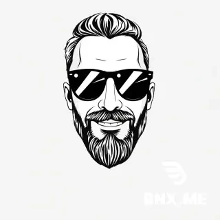 Stilizzata, bianco e nero, primo piano di un uomo sorridente, barba curata a punta, occhiali stile Ray-Ban (montatura sottile, lenti trasparenti, non da sole). Tratto minimale e pulito, linee nette, senza sfondo o sfondo neutro, illustrazione vettoriale, disegno in bianco e nero ad alto contrasto