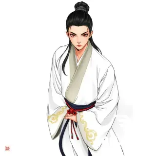 2D hand-drawn character art for a Chinese xianxia cultivation RPG.   Overhead top-down view, 48x64 pixel sprite aesthetic, ink-brush linework on rice-paper white base.    A young cultivator in traditional Taoist robes, ink-black hair tied in a sleek high bun,   sharp facial features with calm, enigmatic eyes suggesting hidden wisdom and spiritual depth.   "工笔" precision on facial contours and robe edges, "写意" loose ink wash in fabric folds.    The robe: flowing white Taoist gown with wide sleeves, subtle cloud-pattern embroidery   in faint gold thread at the collar and cuffs, cinched at the waist with a simple dark sash.   No metallic gleam — only the soft matte luster of silk. Colors: 宣纸白 base, 墨黑 sash,   淡金 thread accents, a single 朱砂-red cord knot at the waist as the only bright accent.    Minimalist background: pale rice-paper fade to misty void, as if the figure stands   at the edge of a cloud sea. Diffuse "morning mist" light with no clear source direction,   casting gentle ink-wash shadows that deepen at the hem.    Style: traditional Chinese ink painting (水墨画) blended with clean 2D game-sprite   line art. Visible brush strokes on fabric folds, crisp edges on character silhouette.   No 3D rendering, no photorealistic shading, no Western fantasy armor or wing motifs.   The figure should feel like a hand-painted scroll illustration — stillness and spiritual   weight, not dramatic posing.    Atmosphere: serene, solitary, ethereal — one cultivator standing between earth and sky,   ready to begin a long path of ascension.