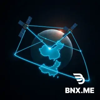 Deep space, Earth visible in the background. Three BeiDou satellites arranged in a triangular formation, each connected by glowing neon blue data beams forming a mesh network. One satellite near the Earth is sending a concentrated beam of data down directly onto the map of China (mainland outline visible). No ground stations elsewhere on Earth. The satellites have solar panels and small antenna dishes. Starfield background, dark navy blue tones with cyan and gold accents. Futuristic scientific illustration, ultra detailed, 4K, wide angle.