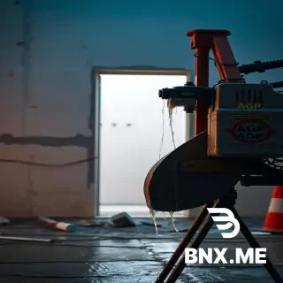A large concrete cutter from AGP stands on a stand, dripping water. A construction site is visible in the background, with a clean cutout in the wall for a door.