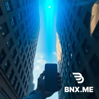 *Low-angle view from a deep street between two skyscrapers (urban canyon). A beam of blue light comes straight down from a high-orbit satellite above, piercing through the narrow gap and hitting a smartphone held by a person. Surrounding buildings have windows and shadows. The satellite is visible in the sky as a faint golden dot with a downward beam. Photorealistic, dramatic lighting, 4K, cinematic composition.*