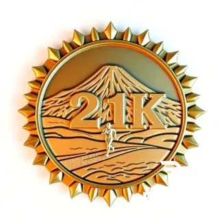 Diseña una medalla conmemorativa de 21 kilómetros inspirada en Bolivia y La Paz. La medalla debe tener forma de sol radiante, con picos solares alrededor del borde, estilo robusto y ceremonial. En el fondo debe aparecer el Illimani de forma majestuosa, nevado y claramente reconocible, ocupando la parte superior y central del diseño. En primer plano, coloca una persona corriendo al frente del texto “21K”, con postura dinámica de carrera, mostrando movimiento, esfuerzo y energía. El “21K” debe estar en el centro exacto, grande, limpio y muy legible, como parte principal de la composición. Alrededor, integra una escena simbólica de un águila y un puma enfrentándose, con apariencia de relieve escultórico. Usa acabados metálicos premium, con detalles en bronce, dorado envejecido y toques de plata, con alto relieve, sombras profundas y textura fina. La composición debe verse elegante, poderosa y simbólica, como una medalla oficial de carrera de fondo. Fondo neutro para presentación, iluminación cinematográfica suave, vista frontal ligeramente inclinada para mostrar volumen. Formato cuadrado, alta resolución, estilo realista y de producto.