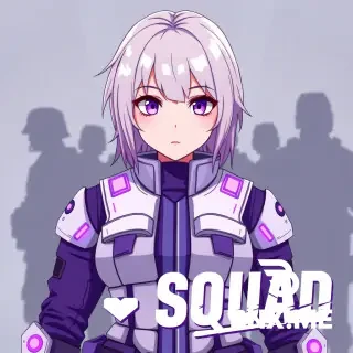Anime style, square Discord avatar, white and purple color scheme. Front view of a female officer or soldier in stylized tactical gear inspired by the game Squad, light anime features. Purple armor/vest with white inserts, purple glowing accents on the uniform. Background: abstract tactical background or silhouettes of soldiers. At the bottom or on the right side, large stylish text "Кф Squad" in grunge/cyberpunk font, white with purple outline. Mood: serious, battle-ready, with anime elements (big expressive eyes, dynamic pose). Aspect ratio 1:1