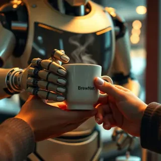 A cinematic, hyper-detailed poster of a futuristic robot barista handing a steaming ceramic cup of coffee to a human customer — extreme close-up on both sets of hands and fingers, showing mechanical articulation and soft, realistic human skin. The robot has a small logo on its chest that reads “BrewNet” in clean sans-serif, warm cinematic rim lighting, shallow depth of field, 8k detail, photorealistic, subtle film grain. Emphasize realistic fingers and correct anatomy, no extra or missing digits, no floating limbs. Include a faint cityscape bokeh in the background.