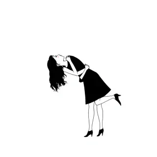 A black and white minimalist line art drawing of two silhouettes embracing intimately, one above the other, kissing. Artistic style, elegant, abstract. No visible genitalia, censored by composition.