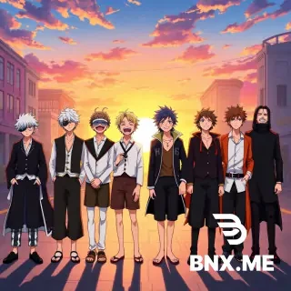 Sure! Here's a detailed English prompt perfect for generating an image of this epic scene:---Prompt:Eight iconic anime characters — Aizen (Bleach), Gojo (Jujutsu Kaisen), Inosuke (Demon Slayer), Light Yagami (Death Note), Zoro (One Piece), Noel Silva (Black Clover), Obito, and Madara (Naruto) — standing side by side in a single straight line, all laughing together uncontrollably. Each character has their unique traits: Aizen with his mysterious smirk, Gojo with his blindfold slightly tilted and white hair messy, Inosuke wearing his boar mask but laughing loudly from the chest, Light with a mischievous schoolboy grin, Zoro with a rare warm smile, Noel with elegant posture but laughing eyes, Obito and Madara standing shoulder to shoulder with ironic, bittersweet laughter. The background is a surreal sunset battlefield mixed with a modern city street, symbolizing peace after conflict. The atmosphere is warm, joyful, and epic. Art style: vibrant anime illustration, cinematic lighting, high detail, colorful, group portrait, dynamic expressions, studio-quality render