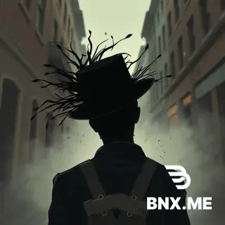 peut tu creer une image te basant sur le style de limage de reference et ce texte definiisant la scene: Un coup de vent lui frappe ensuite la figure et fait virevolter son chapeau en direction de la rivière qui longe la rue. Le chapeau se dirige vers la caméra et finit par rendre l’écran sombre comme si le chapeau était posé sur celle-ci.