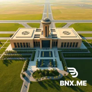 Photorealistic bird's-eye aerial perspective shot of a grand international airport in central Syria, strategically located midway between Damascus and Aleppo, surrounded by vast green agricultural plains and olive groves. The design is a breathtaking fusion of modern parametric architecture and authentic Levantine heritage.  Core Architectural Identity: The main terminal building is constructed from warm, textured yellowish limestone. Massive basalt columns frame the entrances, and the facades are adorned with intricate octagonal star patterns inspired by Aleppo's old khans.  Layout & Zoning (Clear Aerial View from above): The complex is meticulously organized from a top-down angle. The international and domestic arrival/departure lounges are clearly separated by glass canopies. A prominent Duty-Free galleria with vaulted ceilings and a sleek transit hotel are integrated into the terminal. Lush green landscaping with rows of cypress, palm, and olive trees wraps around the terminal and parking structures, creating green buffer zones between runways and buildings.  Control Tower (Landmark): Dominating the skyline is a visionary control tower with a square base transitioning into an octagonal shape using intricate 'Muqarnas' corbels, echoing a Syrian minaret. The observation deck is enclosed in reflective glass.  Airside Operations: In the background, distinct runways and taxiways are visible. A large aircraft maintenance hangar sits on the eastern side, adjacent to an aviation fuel depot.  Landside & Greenery: In the foreground, organized parking structures are partially hidden by dense rows of native trees. The aerial view clearly shows the harmonious integration of the built environment with the surrounding natural landscape.  Atmosphere: Golden hour sunlight, cinematic, 8k resolution, highly detailed architectural visualization, ray-traced lighting, sharp focus, professional real-estate rendering style. --ar 16:9