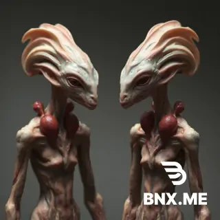 Concept art of an original alien species with an elegant, aesthetic-biological civilization. The beings are slender and frail in build, with soft, slightly wrinkled and lax skin that appears delicate and organic rather than muscular. Their bodies feature subtle fleshy sacs and soft amorphous growths in reddish, violet, and muted iridescent tones that can inflate and change intensity of color, acting as visual communication and emotional display organs.  Their necks and upper torso include layered, flexible folds that can expand like a bellows, suggesting both respiration and expressive function. Their overall physiology emphasizes aesthetic expression over physical strength.  Their heads are highly distinctive: abstract peacock-like cranial structures, not animalistic but organic and elegant, with sweeping ridges and fan-like biological extensions. From these structures grow feather-like hair analogues used for grooming, styling, cutting, and dyeing, functioning as social status markers and personal identity expression.  Their hands are dexterous and strong but slow and deliberate, with elongated articulated fingers suited for precise manipulation of complex mechanical devices rather than rapid motion.  They wear intricate jewelry made of organic pearl-like stones and simple metals (such as gold, silver, aluminum-like materials), used as status symbols, although biological ornaments are considered far more valuable than metallic ones.  Their society is highly aesthetic-driven, where the body itself is a canvas of art, status, and communication.  Style: ultra-detailed sci-fi concept art, realistic textures, cinematic lighting, soft volumetric light, shallow depth of field, highly original alien design, non-humanoid but partially relatable anatomy, elegant and uncanny beauty, 4K detail.  Environment: softly illuminated alien interior space with diffused ambient light highlighting skin textures, color shifts, and organic details.