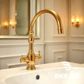 Gold brass piano style bathroom sink faucet, luxury design, tall curved spout, white marble basin, elegant bathroom setting, warm lighting, no text, high-end fixtures, photorealistic detail --ar 3:4