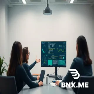 a female leader presenting to her team using a dual monitor setup to multitask in a stylish startup workspace, clean neutral overhead office lighting, green and grey professional palette, half-body framing with neutral background, photorealistic render, crisp fine detail, editorial photography style