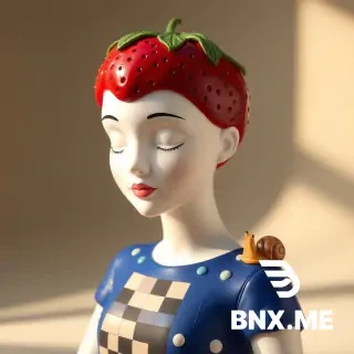 3D porcelain bust with glossy red strawberry crown, geometric blue dress patterned in chessboard and dots, a small snail made of sugar glass on her shoulder, warm daylight studio lighting.