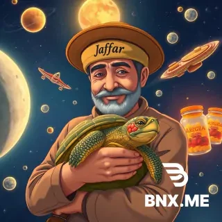 A Ghibli-style illustration A Dagestan man wearing a hat hugs a turtle at chest level, with galaxies and space ships in the background. Also in the background, glass jars of canned turtles and Dargin peppers fly through space. Superrealism. 4K. Above the man is the inscription ‘Jaffar.’