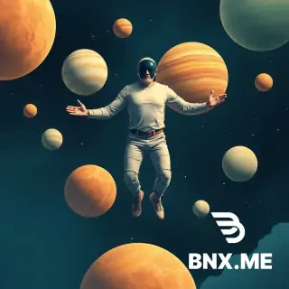 Create an abstract image of a 4-legged, 3-armed man in space walking between planets.