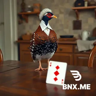 Realistic partridge with bonnet and waistcoat, standing on a wooden table in 1880s farmhouse kitchen, an Ace of Diamonds playing card lying on the table in front of it, natural bird posture. No humans, not anthropomorphic.