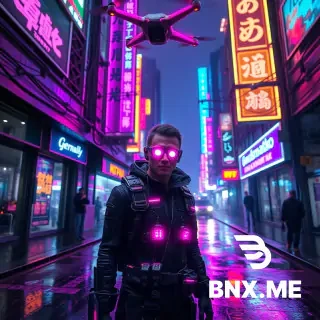 Cyberpunk scene in a futuristic neon city, rainy streets with wet ground reflections, hologram ads, purple and cyan neon lights, cinematic lighting, gritty dystopian mood. A character with cybernetic implants, glowing LED eyes, tech-wear outfit, standing under neon signs. Drones flying above, holographic screens around, high-tech wires and digital rain. Ultra-detailed, hyper-realistic, 8k, low angle shot.