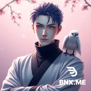 A hyper‑realistic 4K high‑definition half‑body portrait (framed from just above the waist to the top of the head) of Hattori Hanjou, the Cherry Blossom Shadow, standing in a calm yet deeply serene posture – his arms crossed loosely over his chest, Yami and Kuro sheathed at his hips, his high collar pulled up to cover his lower face, his deep sapphire blue eyes gazing directly at the viewer with an expression of quiet, melancholic intensity. Sakura, his white crow, is perched on his right shoulder, her head tilted, her sapphire eyes matching his. The lighting is soft and ethereal – a single source of pale pink light from above (perhaps the cherry blossoms themselves), casting gentle shadows across his pale skin and crimson shozoku, with a warm white fill light from Yami’s sheathed glow. His skin is pale and porcelain, smooth and clear, with faint dark veins pulsing beneath his temples – visible as thin, dark purple lines that seem to shift with his heartbeat. His face is sharp and elegant, with a defined jaw tapering to a subtle point, high prominent cheekbones that catch the light, a straight narrow nose, and full lips hidden behind the high collar. His eyes are deep luminous sapphire blue – they are large, almond‑shaped, and they hold a depth of sorrow and peace that is almost hypnotic. In this calm moment, they are soft, warm, and slightly distant, as if he is looking at something far away. His hair is ghostly white, long and thick and silky, falling past his shoulders, pulled back loosely with a few strands framing his face – the white is natural, with subtle silver highlights. The high collar of his shozoku is pulled up to cover his lower face, leaving only his eyes visible – the fabric is deep crimson, rich and heavy, stitched with pink cherry blossom threads that catch the light. His upper body is clad in the deep crimson shozoku, the fabric draping over his lean, defined chest. The shozoku has long wide sleeves, and we can see the white leather bands on his wrists embroidered with the names of his ancestors – the embroidery is tiny, almost illegible, but clearly present. Shinto‑style armor plates of pink and white lacquered wood protect his shoulders – the plates are smooth, polished, and they curve elegantly. A silver chain with a preserved cherry blossom hangs around his neck – the cherry blossom is real, preserved in resin, its pink petals vivid against the silver. A white silk belt cinches his waist, its ends hanging down. Yami and Kuro are sheathed at his hips – we can see the hilts: Yami’s hilt is wrapped in dark material with a silver guard, Kuro’s hilt is similar but with a pink gem in the pommel. Sakura is rendered with hyper‑realistic feather textures: her feathers are pure white, soft and fluffy, with a faint pink glow at the tips. Her eyes are deep sapphire blue, and they are fixed on the viewer with an intelligent, knowing gaze. Her beak is slightly open, as if she is about to speak. The background is unique: the cherry blossom garden of the ruined Shogun's palace – where the trees still bloom every spring despite the decay, their petals falling like pink snow on the overgrown paths and broken stones. Behind Hanjou, we see the oldest cherry tree, its trunk thick and gnarled, its branches heavy with pink blossoms. The sky is a soft pastel pink, with a few clouds. The air is thick with falling petals, and the ground is carpeted in pink. The overall aura is one of serene, melancholic beauty – a ninja who has made peace with his grief and found a kind of grace in the shadows. The camera is a medium telephoto lens (85mm), shallow depth of field blurring the distant trees, focus sharp on Hanjou’s eyes, his white hair, the preserved cherry blossom, and Sakura’s feathers. Lighting is soft and dreamlike – key light from the blossoms above, fill light from the sheathed blades, and rim light from the petals. No lower body visible.