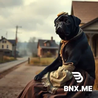 a blck pug. female, sitting down, with a ress inspired by a rich merchant in minnesota in 1800 with a backdrop of a road in a small town in minnesota in 1800