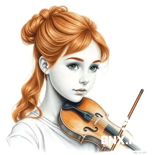 14-year-old girl, light reddish-brown wavy hair in a neat tight bun on crown, very narrow elongated face with round chin, small narrow green-hazel eyes, pear-shaped figure, 160 cm, playing violin, pencil sketch, soft shading, realistic portrait, graphite art, monochrome, high detail