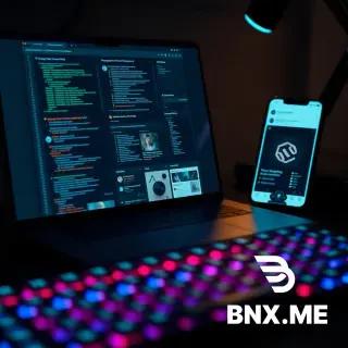 "Photorealistic product mockup of a digital shop selling social media templates. Tight close-up shot of a dark modern desk with glowing laptop and smartphone. Laptop screen fills most of the frame, showing a grid of Instagram post templates with code snippets, terminal windows, and UI elements in dark navy and neon green/cyan. Smartphone next to it showing a story template. Mechanical keyboard with RGB lighting blurred in the foreground. Shot on 85mm macro lens, shallow depth of field, cinematic lighting, 8K resolution, highly detailed."
