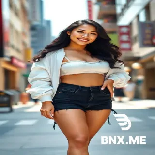 Subject: A stunningly beautiful young East Asian woman with long, wavy dark hair and a radiant smile, D cup bust, height 180cm, curvy but not fat, posing confidently in the middle of a sunlit urban street,  Outfit: Wearing a white ruched bralette, an oversized white bomber jacket draped loosely over her shoulders, frayed black denim high-waisted shorts, and elegant beige ankle-strap high-heeled sandals.Setting:A bustling city street background with blurred storefronts, signs, and soft bokeh effect, bright daylight, high-contrast shadows on the pavement Composition & Sty/e: Ful-body shot, wide stance, hand on hip, cinematic fashion photography, shot on 85mm lens, f/1.8 aperture for deep depth of field hyperrealistic, 8k resolution, ultra-detailed skin texture, vibrant colors .in 9:16 aspect ratio.in 9:16 aspect ratio.