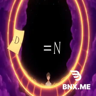 anime cinematic illustration, Makoto Shinkai style, surreal dreamlike scene, a young man trapped inside a giant glowing O-shaped circular ring, mathematical equation on floating paper showing D as equals sign and N as unknown variable, dark void background with stars, the ring is both a cage and a halo, symbolic and artistic, purple and gold color palette, widescreen 16:9 composition
