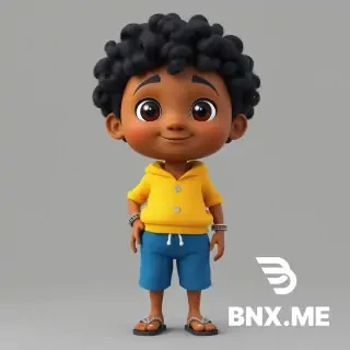 Front view, Full body T-Pose, Stylized 3D Indian village boy, medium brown Indian skin, round funny face, curly black hair, large nose, big lips, expressive brown eyes, long fingers, slim legs, wearing a plain yellow hoodie without cap, blue half shorts with white drawstring, simple rubber slippers, silver kada on both wrists, symmetrical body, clean topology, Pixar style, game-ready character, PBR materials, soft studio lighting, neutral gray background, centered, no props, no shadow, no text, ultra high detail, 8K.