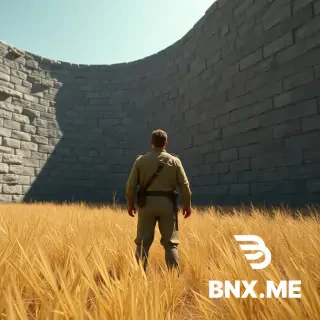 A cinematic, wide-angle 3D-rendered shot. A 19th-century Victorian explorer in tattered khaki gear stands frozen in high, sun-bleached grass. He is looking up in awe at the massive, curved granite walls of the Great Enclosure. The stone blocks are perfectly dry-laid, fitting seamlessly. Dramatic lighting, long shadows, photorealistic, hyper-detailed textures, 8k resolution, historical thriller aesthetic.
