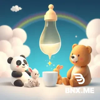 A cute and playful 3D cartoon-style advertisement for baby milk powder. The scene shows a group of adorable, chubby baby animals (a panda, a rabbit, and a bear cub) sitting around a large, magical-looking baby bottle that is floating and glowing with a soft, golden light. The bottle is pouring a stream of sparkling, star-shaped milk into a tiny cup. The background is a dreamy, soft pastel-colored fantasy world with clouds and rainbows. The overall mood is joyful, magical, and imaginative. Bright colors, high contrast, clean vector art style, 3D render, Pixar-inspired animation style.